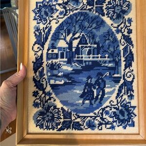 Vintage Blue Cross-Stitch Scenic Winter Art in Wooden Frame